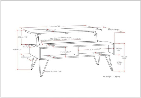 SIMPLIHOME Hunter Lift Top Coffee Table - 48 inch Wide Solid Mango Wood and Metal Industrial Cocktail Table in Umber Brown, Functional Living Room Table with 2 Storage Cubbies and Hairpin Legs
