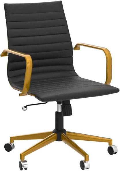 COROCC Office Desk Chair Modern Conference Room Task Chairs Leather Computer Swivel Excutive Ribbed Ergonomic Rolling Comfortable Chair for Home Office Black and Gold Chair
