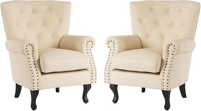 MOJAY PU Leather Accent Chair Set of 2, Modern Armchair Living Room Chair, Upholstered Club Chair with Rivet Trim, Mid-Century Sofa Chair with Sturdy Wood Legs for Bedroom (Ivory White)