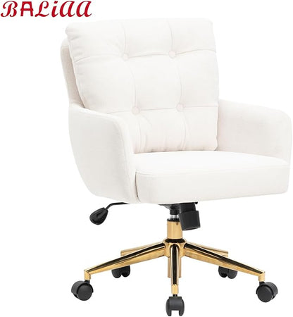 Velvet Office Chair, Comfy Home Office Desk Chairs with Lumbar Support, Modern Velvet Desk Chair Gold Legs Small Swivel Task Chair for Home Office, Bedroom, Study (Beige, L)