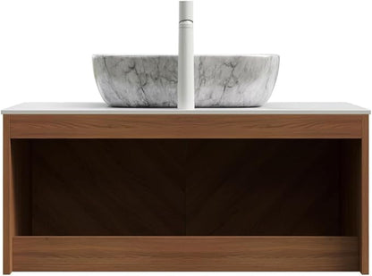 Floating Bathroom Vanity with Sink, 36 Inch Fluted Vanity with Vessel Sink, Modern Bathroom Vanity Cabinet with 2 Doors, Oval Marble Vessel Ceramic Sink & Sintered Stone Top, Oak