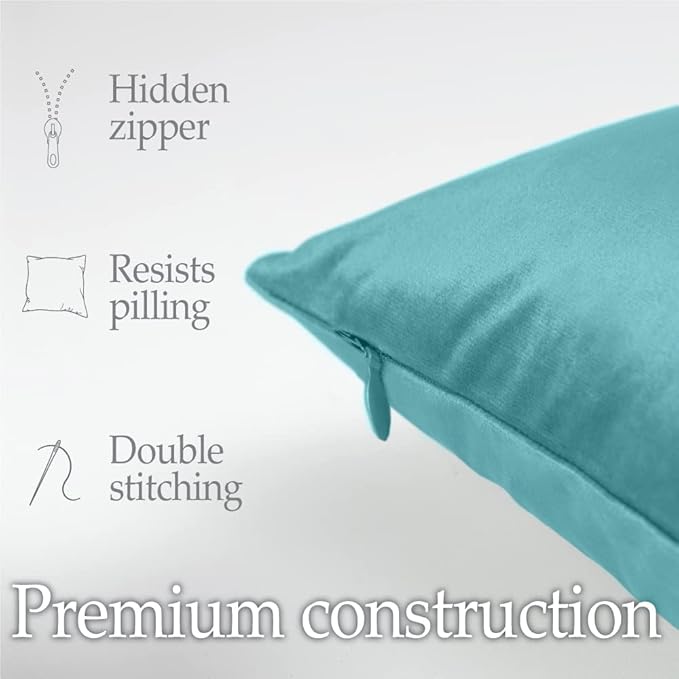 lalaLOOM Velvet Throw Pillow Covers, Set of 2, 20x20 Decorative Square Pillows Home Decor, Soft Accent Cases, Silky Machine Washable Pillowcases for Sofa, Couch, Bedroom, Living Room, Turquoise