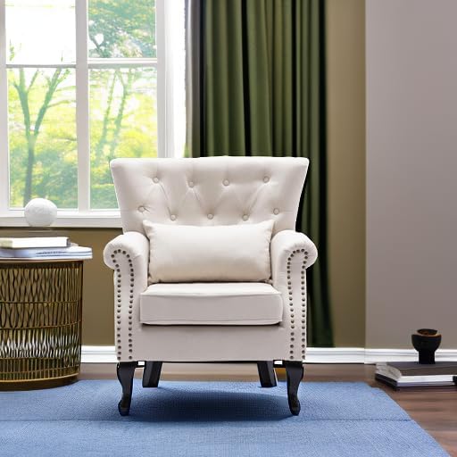 chairus Mid-Century Modern Accent Chair, Comfy Tufted Single Sofa Chair Wingback Armchair with Pillow for Club, Living Room, Bedroom - Linen, Beige