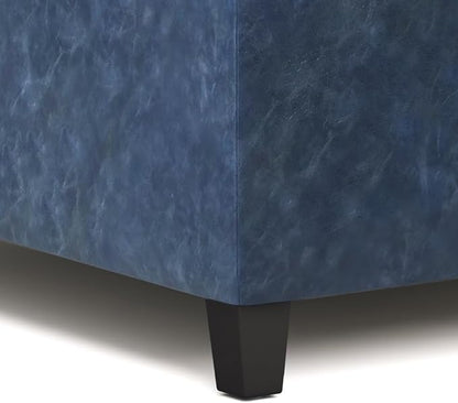 SIMPLIHOME Harrison 36 inch Wide Transitional Square Coffee Table Storage Ottoman in Denim Blue Vegan Faux Leather, Assembled, For the Living Room and Bedroom