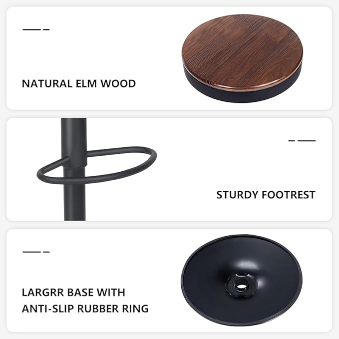 Kidol & Shellder Backless Counter Stools Set of 2 Swivel Adjustable Height BarStools Round Walnut Wooden Seat Modern Armless Bar Chairs for Kitchen Island Dining Room Cafe (Black)