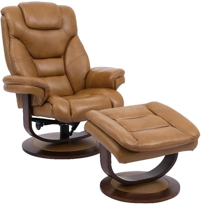 Pemberly Row Stressless Recliner with Ottoman in Brown Leather, Manual Swivel Recliner Chair for Living Room Comfort