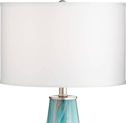 Possini Euro Design Jaime Modern Table Lamps 26" Tall Set of 2 Blue Smoky Gray Swirls Art Glass White Fabric Drum Shade Decor for Bedroom Living Family Room Bedside Nightstand House Home Office