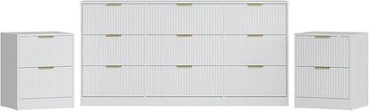 3-Piece Modern Bedroom Furniture Set, Wide 9-Drawer Dresser & 2-Drawer Nightstands Set of 2, Natural Wood Dresser and Nightstand Sets for Bedroom, Hallway, White