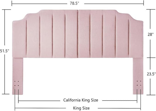 24KF Pink Teddy Fabric Tufted King Upholstered Headboard, Modern Vertical Channel Design California King Headboard with Stepped Silhouette Top Edge,6026-K-Teddy Pink