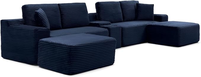 150" Oversized Modular Sectional Sofa,Deep Seat Cloud Corduroy Boneless Couch with Cup Holders,USB Ports, Wireless Charging & Storage Box,Upholstered Modular Sleeper Sofa for Living Room (Blue)