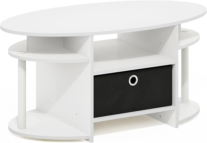 Furinno Jaya Coffee Table, Oval Modern Coffee Table with Shelves and Storage Bin, Side Table, for Living Room, Bedroom, Home Office, White