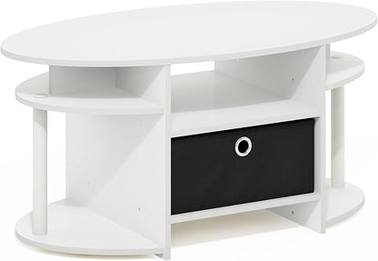 Furinno Jaya Coffee Table, Oval Modern Coffee Table with Shelves and Storage Bin, Side Table, for Living Room, Bedroom, Home Office, White