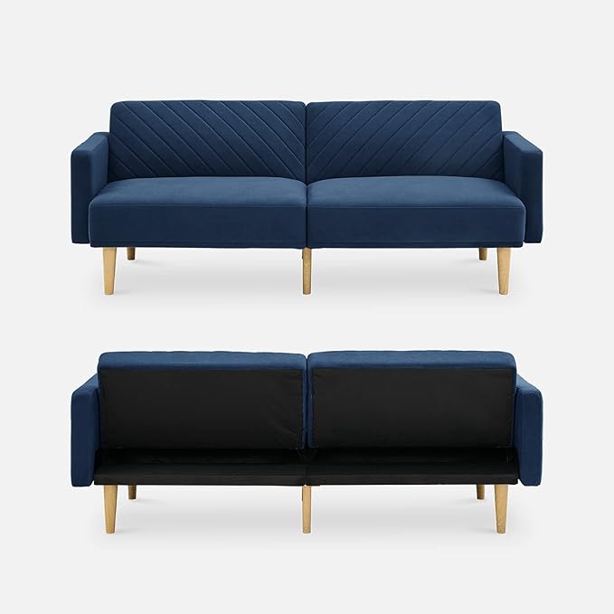 mopio 76.4" Futon Sofa Bed, Couch, Loveseat, Sleeper Sofa, Mid Century Modern Futon Couch, Sofa Cama, Couches for Living Room (Classic Blue Velvet)