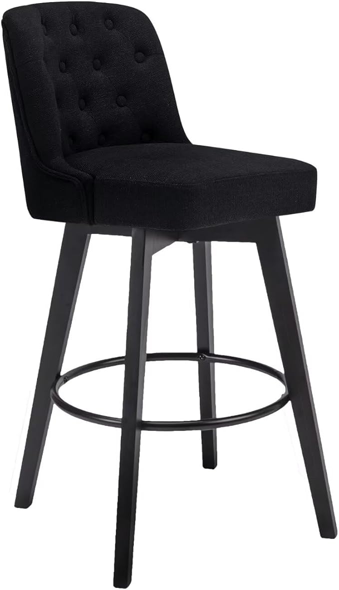 MINCETA Bar Stool, 30 Inch Upholstered Barstool with Low Tufted Back and Footrest, Swivel Counter Height Barstool for Kitchen Island Home Bar Performance Fabric Black