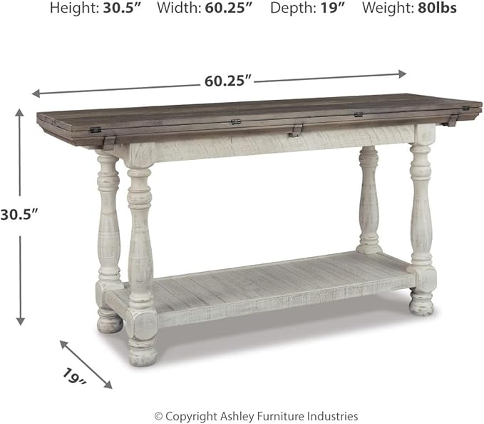 Signature Design by Ashley Havalance Farmhouse Sofa Table, Flip Top Design for Additional Dining Space and Fixed Lower Shelf, Gray & White with Weathered Finish