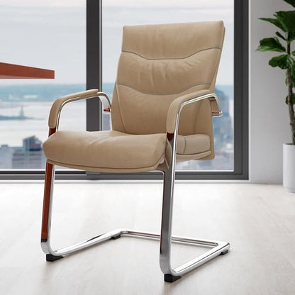 ZURI Modern Carnegie Leather and Chrome Side Chair with Aluminum Base - Beige