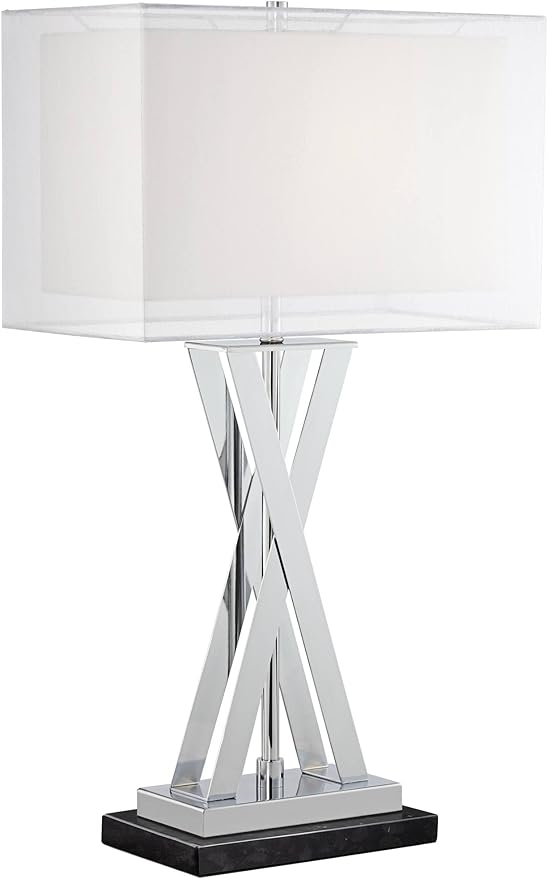Possini Euro Design Proxima Modern Table Lamp with Black Marble Riser 28" Tall Chrome Silver Metal Double Rectangular Shades Decor for Bedroom Living Room Nightstand Bedside Office Kids Room