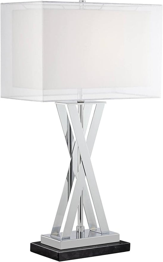 Possini Euro Design Proxima Modern Table Lamp with Black Marble Riser 28" Tall Chrome Silver Metal Double Rectangular Shades Decor for Bedroom Living Room Nightstand Bedside Office Kids Room