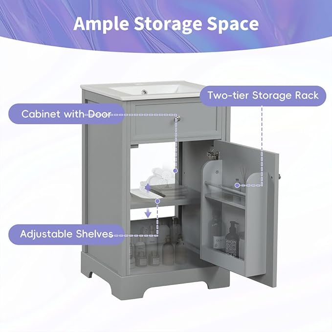 20" Bathroom Vanity with Sink, Wooden Bathroom Storage Cabinet with Soft Closing Door and Adjustable Shelve,Narrow Small Bathroom Cabinet for Small Space (20"× 18"×34"),Gray