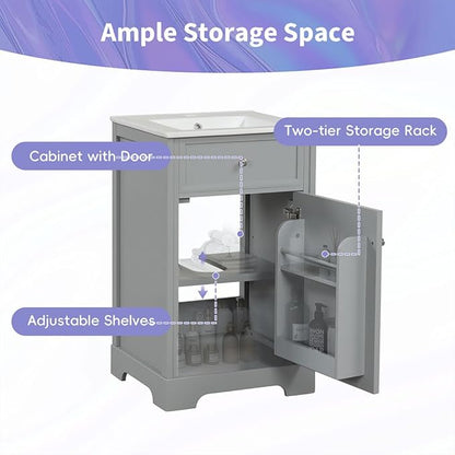 20" Bathroom Vanity with Sink, Wooden Bathroom Storage Cabinet with Soft Closing Door and Adjustable Shelve,Narrow Small Bathroom Cabinet for Small Space (20"× 18"×34"),Gray