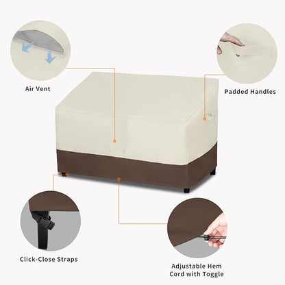 Easy-Going Heavy Duty Waterproof Outdoor 2-Seater Patio Couch Cover - Windproof with Air Vent (76Wx40Dx33H inch, Beige/Dark Brown)