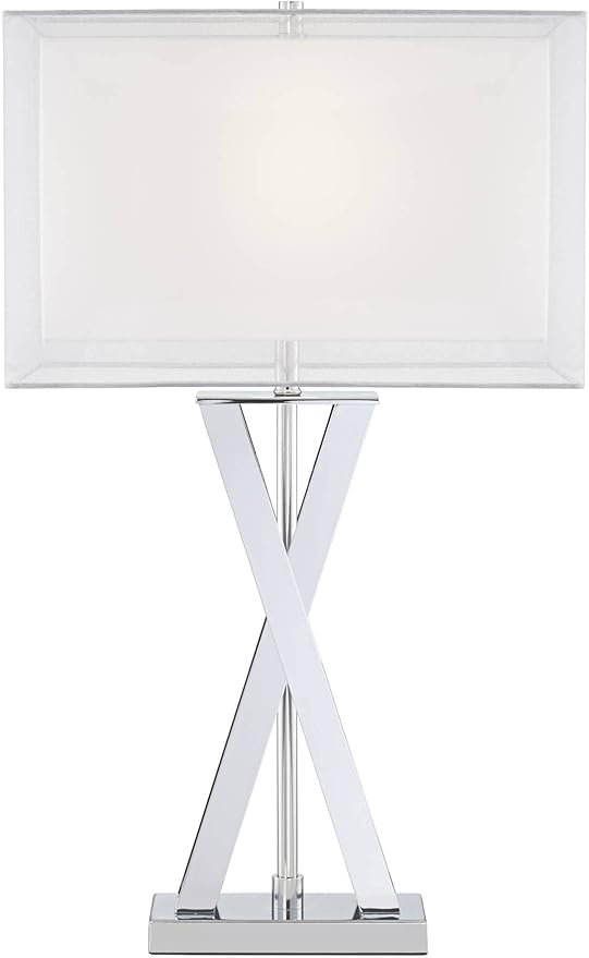 Possini Euro Design Proxima Modern Table Lamp 28" Tall Chrome Silver Crisscrossing Metal Sheer Outer White Inner Rectangular Shade for Bedroom Living Room House Bedside Nightstand Office Family
