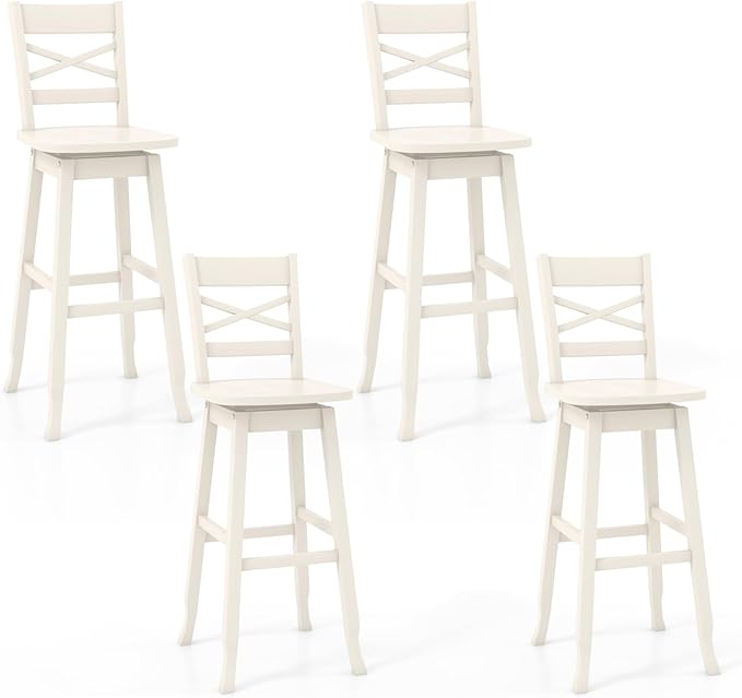 COSTWAY 30-Inch Bar Height Stool Set of 4, Rubber Wood Swivel Bar Stool with Inclined Backrest, Curved Seat & Footrest, Bar Chair for Kitchen Island & Pub (4, Cream)