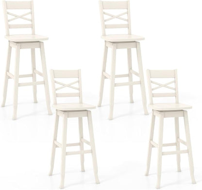 COSTWAY 30-Inch Bar Height Stool Set of 4, Rubber Wood Swivel Bar Stool with Inclined Backrest, Curved Seat & Footrest, Bar Chair for Kitchen Island & Pub (4, Cream)