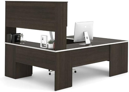 Pemberly Row U Shaped Modern Executive Computer Desk with Pedestal and Hutch in Brown Chocolate