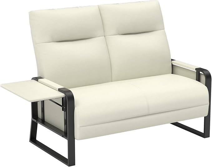 Faux Leather Loveseat Couch for Living Room Bedroom Office, Small Sofa 2 Seater Couch with Flip Up Tray Table Side Pockets Leather Loveseats, Beige