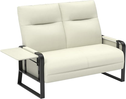 Faux Leather Loveseat Couch for Living Room Bedroom Office, Small Sofa 2 Seater Couch with Flip Up Tray Table Side Pockets Leather Loveseats, Beige