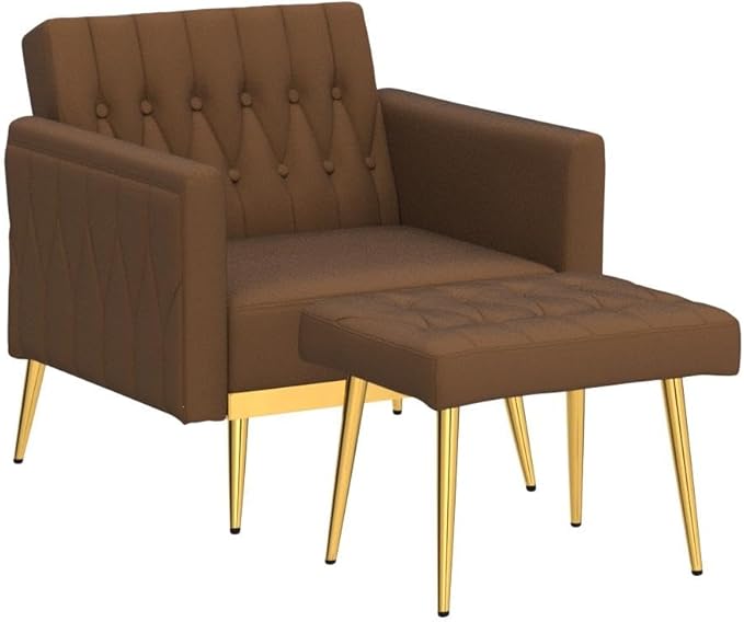 Velvet Accent Chair with Adjustable Armrests and Backrest, Button Tufted Lounge Chair, Single Recliner Armchair with Ottoman and Pillow for Living Room, Bedroom, Brown