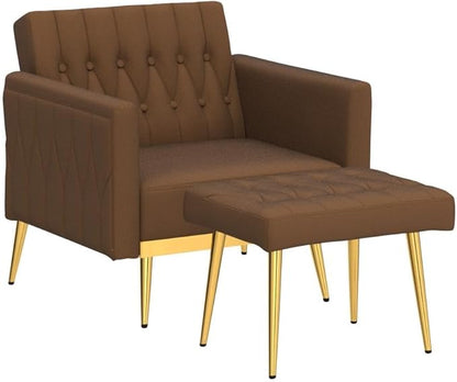 Velvet Accent Chair with Adjustable Armrests and Backrest, Button Tufted Lounge Chair, Single Recliner Armchair with Ottoman and Pillow for Living Room, Bedroom, Brown