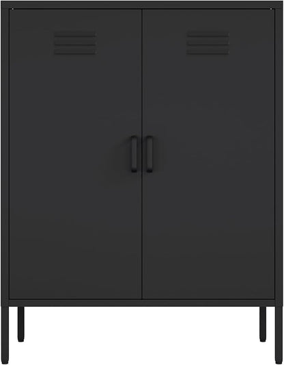 Manhattan Comfort Naomi Modern Metal Accent Cabinet, Minimalist Storage Cabinet with Doors & Adjustable Shelves, Vented Doors, Sturdy Steel Build, Versatile & Multi-Purpose Home Furniture, Black