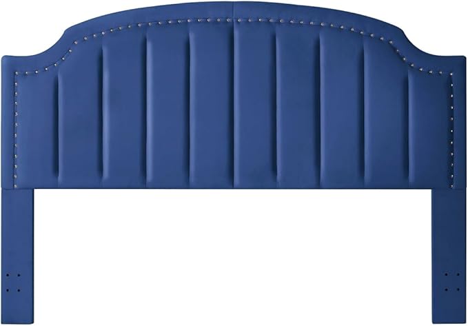 24KF Upholstered Channel Pattern King Headboard with Silver Nailhead Trim, Comfy Velvet Headboard King/CA King, 6052-K-Navy