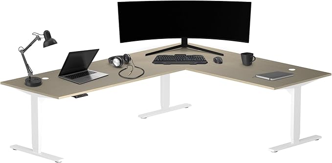 Progressive Desk Stand Up Height Adjustable Standing Desk - L Shaped 85" x 72" Corner Computer Rising Workstation Electric Table - White Frame, Bright Beech Top