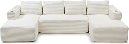 132 Inch Modular Sectional Sleeper Sofa, Boneless Cloud Couch for Living Room, U Shaped 5 Seat Sofa with 2 Cup Holders, Free Combination, No Assembly Required (Beige)