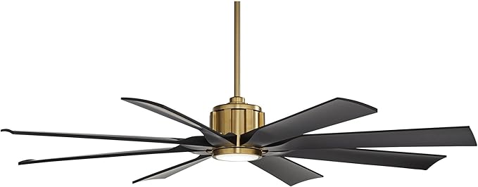 Possini Euro Design 60" Defender Modern Outdoor Ceiling Fan with LED Light Remote Control Soft Brass Matte Black Damp Rated for Patio Exterior House Home Porch Gazebo Garage Barn