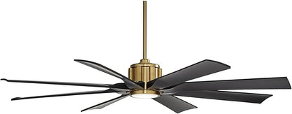 Possini Euro Design 60" Defender Modern Outdoor Ceiling Fan with LED Light Remote Control Soft Brass Matte Black Damp Rated for Patio Exterior House Home Porch Gazebo Garage Barn