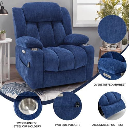 Power Lift Chair for Elderly, Electric Recliner Chair with 8-Point Vibration Massage and Lumbar Heating with Charging Ports, Cup Holders, Standing Assistance Reclining - Bright Blue
