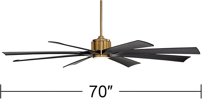 Possini Euro Design 70" Defender Modern Outdoor Ceiling Fan with LED Light Remote Control Soft Brass Matte Black Damp Rated for Patio Exterior House Home Porch Gazebo Garage Barn