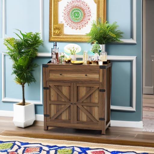JUMMICO Coffee Bar Cabinet Farmhouse Kitchen Sideboard Buffet Cabinet with Drawer and Adjustable Shelf Barn Door Storage for Kitchen, Dining Room, Bathroom, Entryway (Brown)