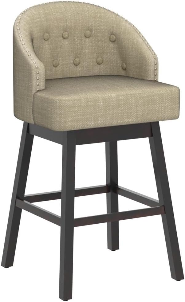 COSTWAY Bar Stools Set of 2, 31’’ Swivel Bar Stools with Rubber Wood Legs & Padded Back, Breathable Linen Fabric, Stylish Tufted Design & Rivet Decoration, Adjustable Foot Pads (2, Beige + Brown)