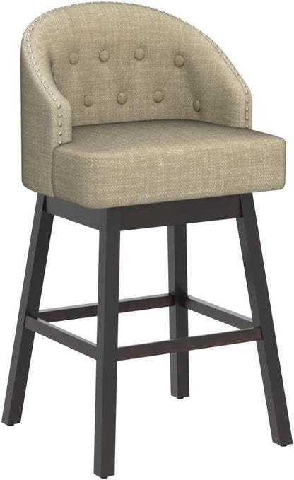 COSTWAY Bar Stools Set of 2, 31’’ Swivel Bar Stools with Rubber Wood Legs & Padded Back, Breathable Linen Fabric, Stylish Tufted Design & Rivet Decoration, Adjustable Foot Pads (2, Beige + Brown)