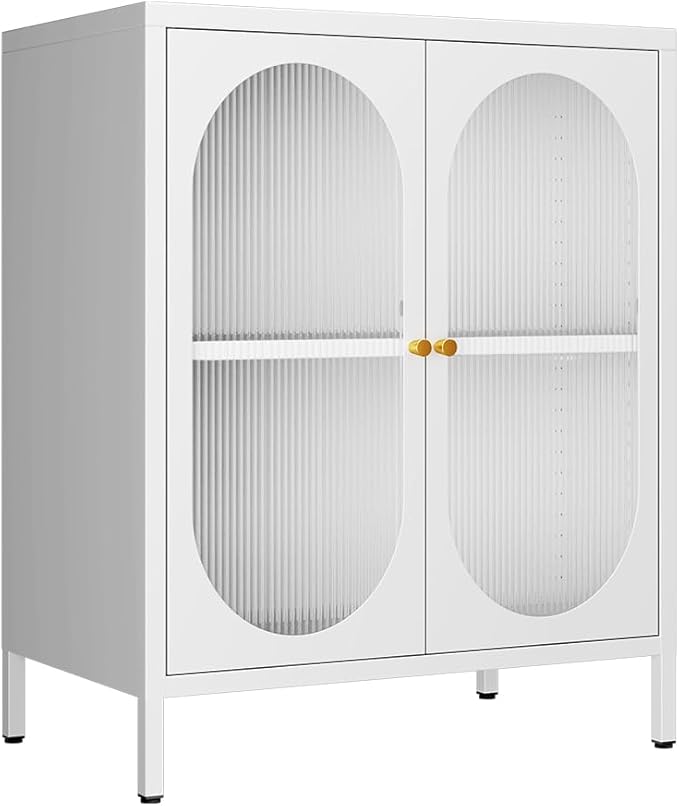 Small White Cabinet with High Feet, Metal Pantry Cabinet with Adjustable Shelf, Storage for Room, Office, Living Room,Dining Room,Sideboard, Hallway and Entryway