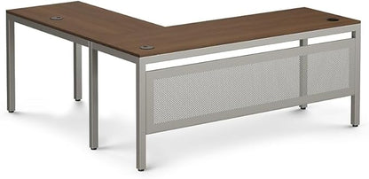 nbf signature series at Work Reversible L Shaped Desk 60" w x 60" d Ergonomic Corner Computer Desk with Warm Ash Laminate/Brushed Nickel Steel Frame for Office Use