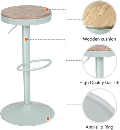 Kidol & Shellder Bar Stools Set of 2 Round Adjustable Swivel Barstools Modern Backless Bar Chairs Wooden Seat Counter Height Stools Armless for Kitchen Island, Cafe, Dining Room (Mint Green)