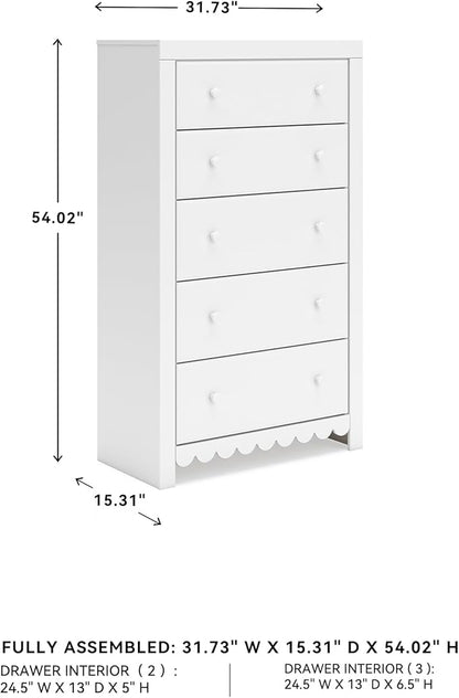 Signature Design by Ashley Mollviney Coastal 5-Drawer Chest of Drawers with Safety Stop and Scalloped Detailing, White