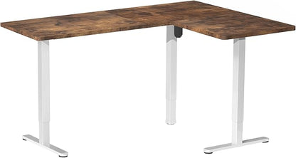 VIVO Corner Standing Desk, 63 x 55 inch Reversible L-Shaped Workstation, Electric Height Adjustment, Home, Office, and Reception Rooms, Rustic Vintage Brown Table Top White Frame, DESK-E3CTWN