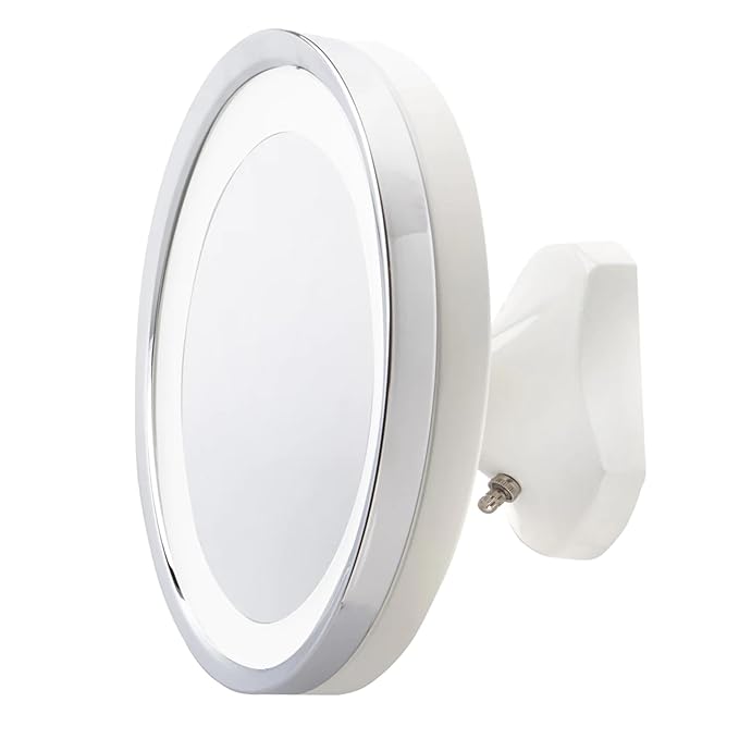 JERDON Wall Mounted White/Chrome Finish Makeup Mirror with LED Light – 5X Magnification – 9.75” Diameter –5.25” Pivot Extension – Direct Wire Only - Model HL95WL